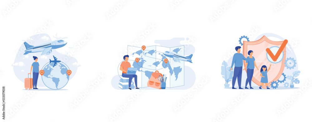 Fototapeta premium Intercontinental transport abstract concept, Educational tourism abstract concept, Social security abstract concept, set flat vector modern illustration
