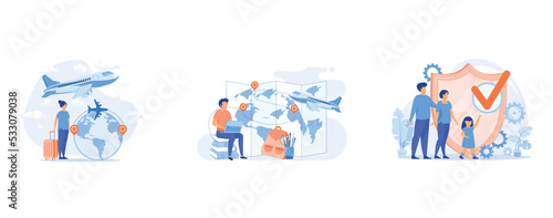 Intercontinental transport abstract concept, Educational tourism abstract concept, Social security abstract concept, set flat vector modern illustration
