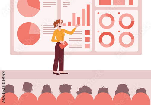 Woman speaking publicly. Young girl with microphone on background of graphs, charts and diagrams. Lecture at university, presentation. Statistics and infographics. Cartoon flat vector illustration