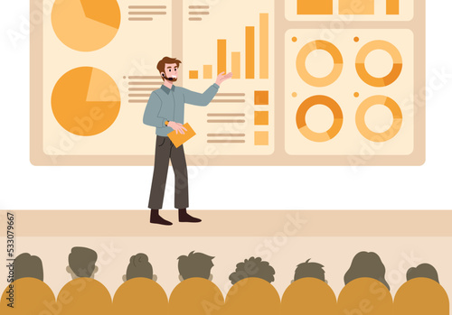 Man speaking publicly. Young guy with microphone on stage. Speaker on background of infographics, presentation and statistics. Charismatic character, leadership. Cartoon flat vector illustration