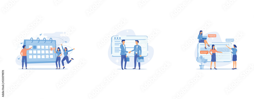 Events abstract concept, Clients abstract concept, About us abstract concept, set flat vector modern illustration Events abstract concept, Clients abstract concept, About us abstract concept, set flat vector modern illustration