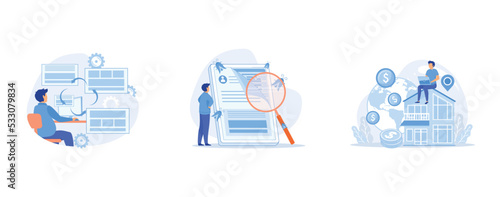 Copy optimization abstract concept, Automated testing abstract concept, International and non-resident taxes abstract concept, set flat vector modern illustration