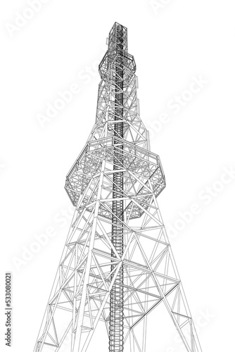 Outline of a high tower for communications from black lines isolated on a white background. Bottom view. 3D. Vector illustration.