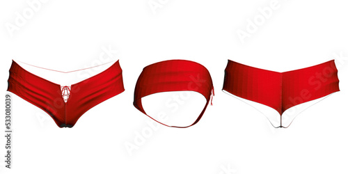 Set with polygonal model of red women's panties isolated on white background. Front, side, back view. 3D. Vector illustration.