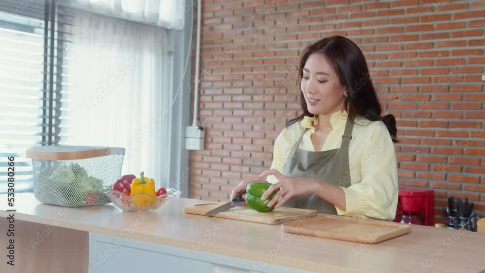 Young smiling asian woman wearing an apron in the kitchen room, cooking concept Young smiling asian woman wearing an apron in the kitchen room, cooking concept