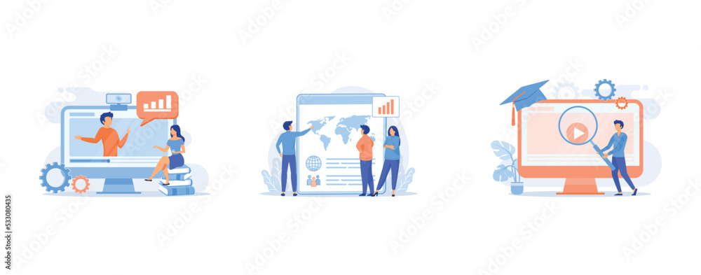 Data analytics online video tutorial, Business expansion strategy planning, Internet lessons searching, set flat vector modern illustration