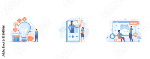 STEM education model, Video tutorial watching, International business partners video conference, set flat vector modern illustration