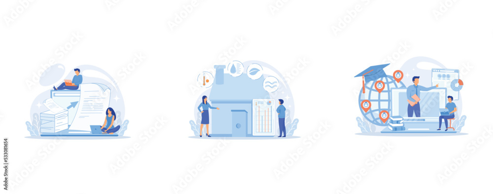 Specialists work with laptop digital data, tiny people, Home automation system, domotics, Distance university students flat characters watching tutorial video, set flat vector modern illustration Specialists work with laptop digital data, tiny people, Home automation system, domotics, Distance university students flat characters watching tutorial video, set flat vector modern illustration