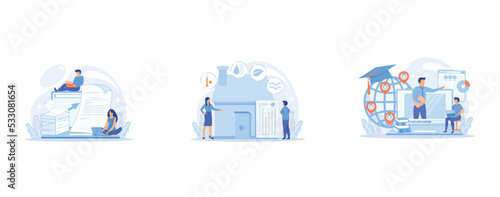 Specialists work with laptop digital data, tiny people, Home automation system, domotics, Distance university students flat characters watching tutorial video, set flat vector modern illustration