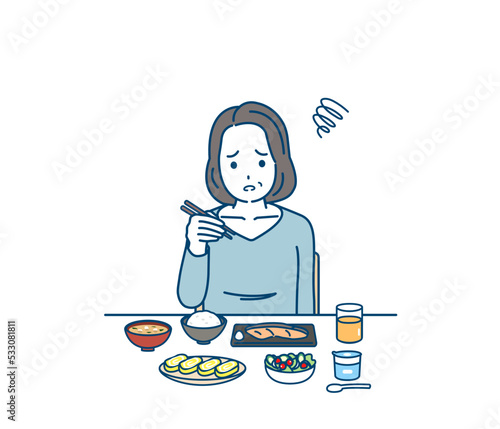 食欲がない　食べれない　味覚障害　中年の女性　ミドル　食事　摂食障害　夏バテ　イラスト