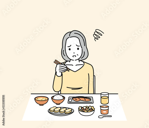 食欲がない　食べれない　味覚障害　中年の女性　ミドル　食事　摂食障害　夏バテ　イラスト