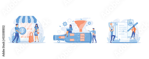 Tiny people customers with bags shopping online with smartphone, Tiny business people at bottle looking for system least capacity, Businessman putting electronic signature on document, security shield