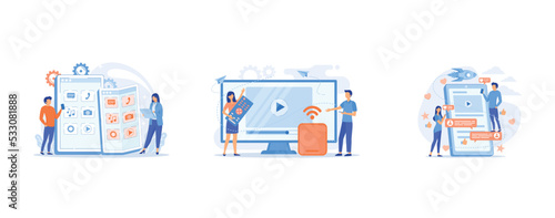 Tiny business people using smartphone with flexible screen, Tiny people watch video with remote control and television multimedia box, Digital marketing, online advertising, SMM, set flat vector moder