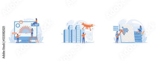 Tiny business people look at product performance indicator, Businessman with drone reading document with regulations, Tiny people, scientists at tablet with pickaxe mining, set flat vector modern illu