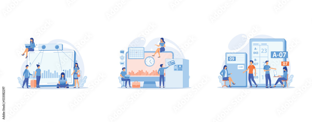 Electronic device for measuring number passageway people, Work performance on schedule, Waiting room with ticket system, set flat vector modern illustration