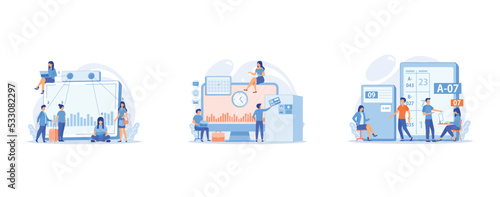Electronic device for measuring number passageway people, Work performance on schedule, Waiting room with ticket system, set flat vector modern illustration