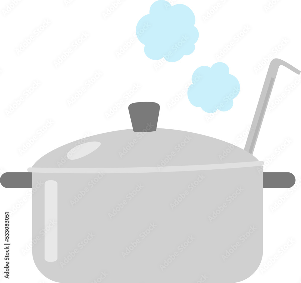 Obraz premium レードルを入れた湯気を上げる鍋