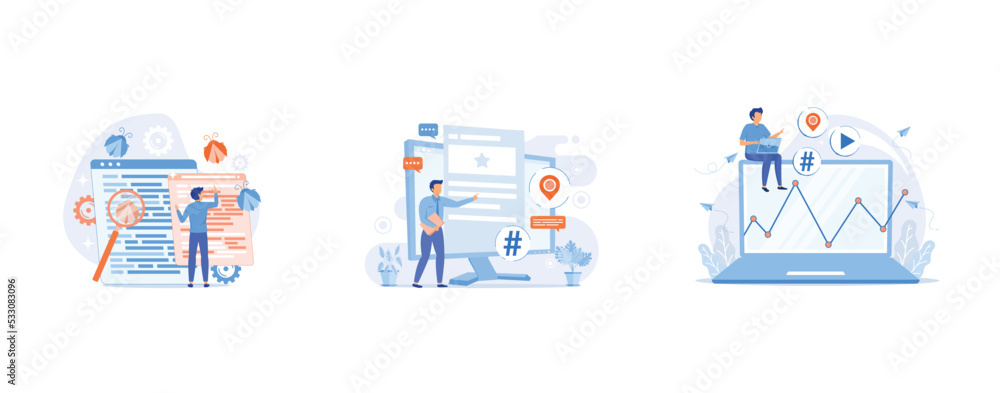 Debugging firewall, Microblogging platform user, Net surfing, set flat vector modern illustration Debugging firewall, Microblogging platform user, Net surfing, set flat vector modern illustration
