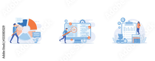 Statistical analysis, Software testing, Balance sheet cartoon web icon, set flat vector modern illustration