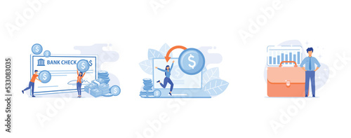 Employee getting ppayment in payday cartoon character, E shopping cartoon web icon, Business venture, set flat vector modern illustration