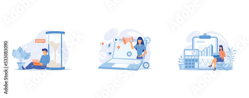 Man working with laptop cartoon character, Internet marketing, Woman accountant cartoon character, set flat vector modern illustration