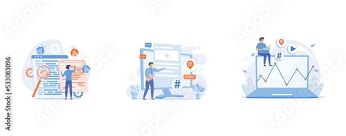 Debugging firewall, Microblogging platform user, Net surfing, set flat vector modern illustration