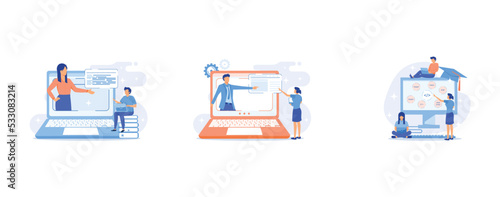 Data analytics online video tutorial, Chemistry online lessons, Programming languages learning, set flat vector modern illustration