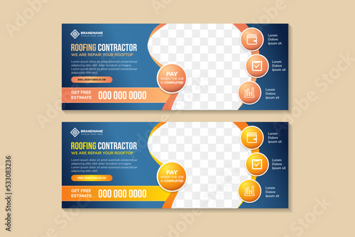 collection of flyer template design with headline is roofing contractor. space of photo and text. Advertising banner with horizontal layout. brown and yellow gradient element in blue background.