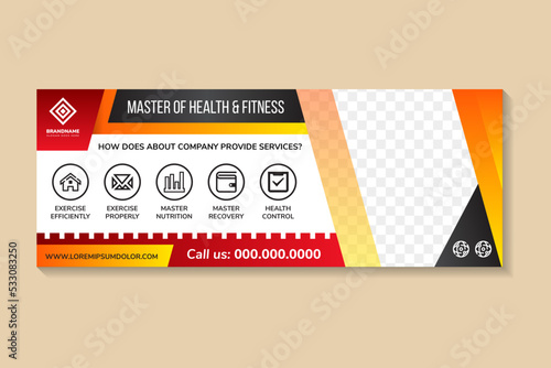 flyer template design with headline is master of health and fitness. space of photo and text. Advertising banner with horizontal layout. multicolors element in white background. abstract editable