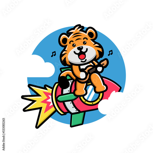 Cute tiger playing guitar on the rocket
