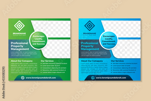 collection of professional property management square banner for social media post. space for photo collage and text. combination blue and green gradient background and element. art halftone pattern.