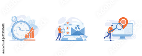 Clock and increasing chart, Electronic mail, Location based advertisement, set flat vector modern illustration