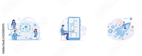 Covid-2019 global response concept, Mobile application development, Launching business project., set flat vector modern illustration