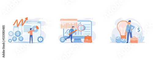 Business enterprise strategy, Company development statistics, Launching startup project, set flat vector modern illustration