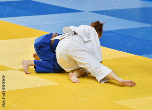 Fighter girls judoists in kimonos compete on the tatami 