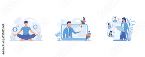 Stress reduction and relieving activity, Web conference, Social network, set flat vector modern illustration