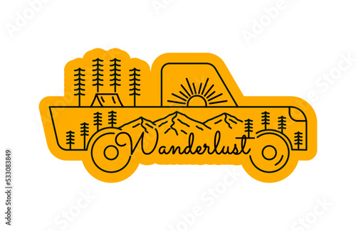 Wanderlust and adventure car nature wildlife in mono line art for t-shirt, sticker, badge, etc