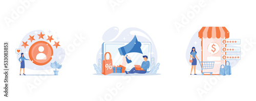 Personal account, Discount advertising, User rating and feedback, set flat vector modern illustration