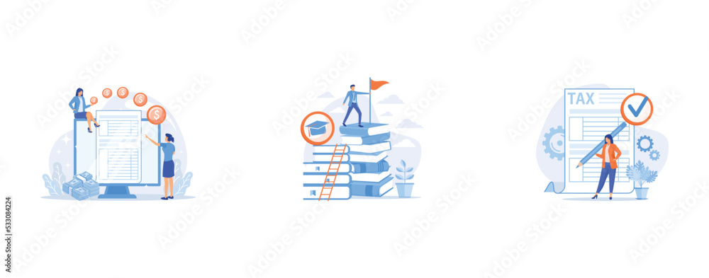 Fototapeta premium Accountant expertise, Clever man, student standing on books stack with flag, Taxes calculation, set flat vector modern illustration