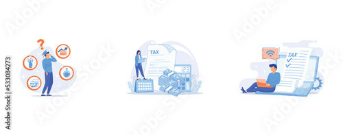 Graduate choosing college, Monthly expense planning, Convenient paying service, set flat vector modern illustration