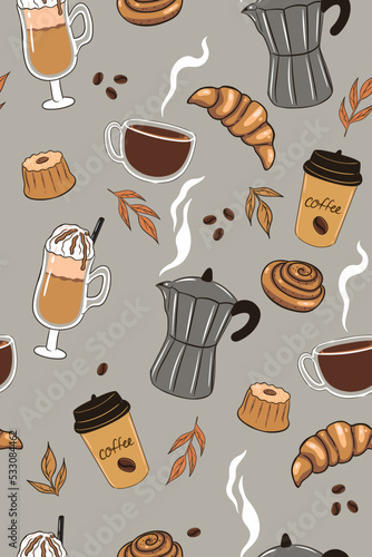 Seamless pattern with coffee and baked goods. Vector graphics.