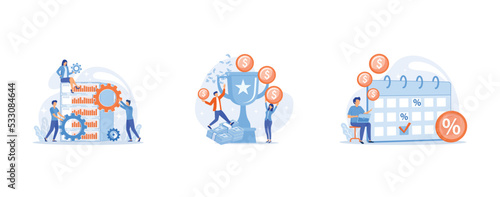 Server hardware maintenance, Money prize, trophy, deserved reward, Interest on deposit, profitable investment, fixed income, set flat vector modern illustration