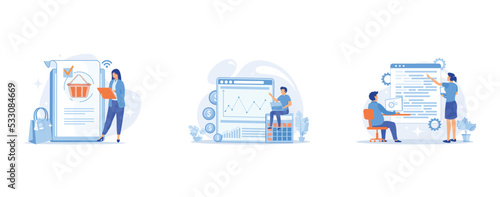 Online ordering, purchase making, buying goods on internet store website, Business accounting, profit growth, calculation, Computer science courses, set flat vector modern illustration
