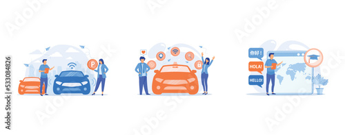 Self-driving car with sensors automatically parked in parking lot, Businessman likes autonomous driverless car with smart technology icons, Foreign languages translating, set flat vector modern illust