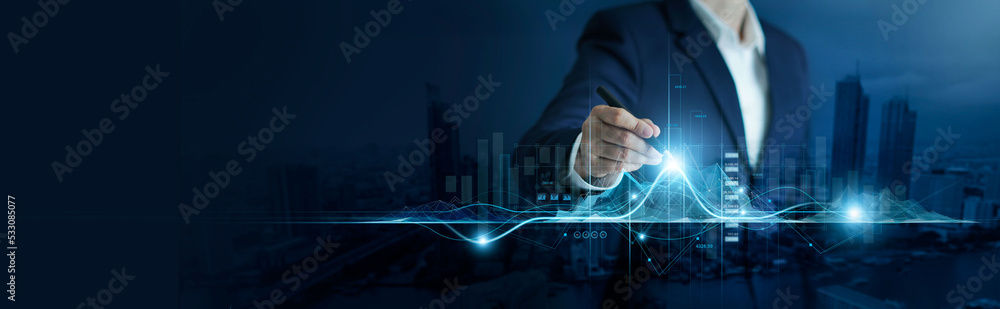 Global business, Investor touching of invest graph data growth on business network and investment risk analysis for return of success, strategy and planning investment, Banking, Finance and stock. - obrazy, fototapety, plakaty 