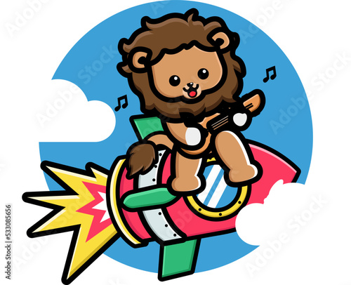 Cute lion playing guitar on the rocket