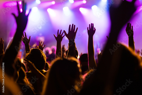 Crowd at concert and blurred stage lights.