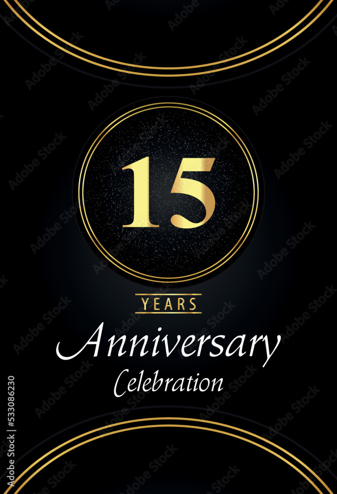 Fototapeta premium 15 years anniversary celebration logo with silver dotted and golden ring borders on black background. Premium design for poster, banner, weddings, birthday party, celebration events, greetings card.