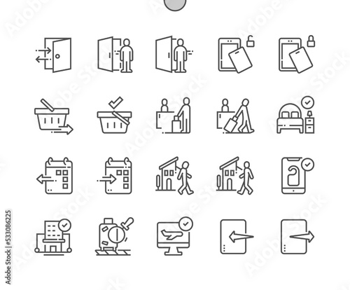 Checkin & checkout. Hotel, room. Checkout date. Check in for flight abroad. Online checkin. Pixel Perfect Vector Thin Line Icons. Simple Minimal Pictogram