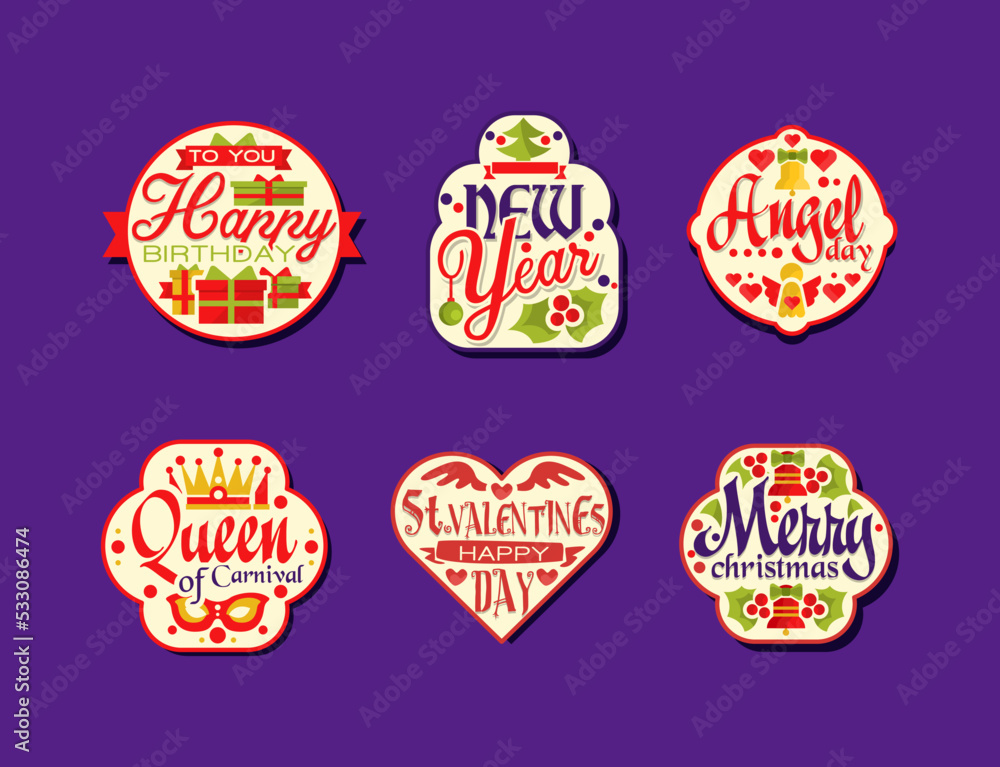Collection of holiday stickers. Happy Birthday, New Year, Angel day, Queen of carnival, Valentine day, Merry Christmas labels, badges cartoon vector illustration